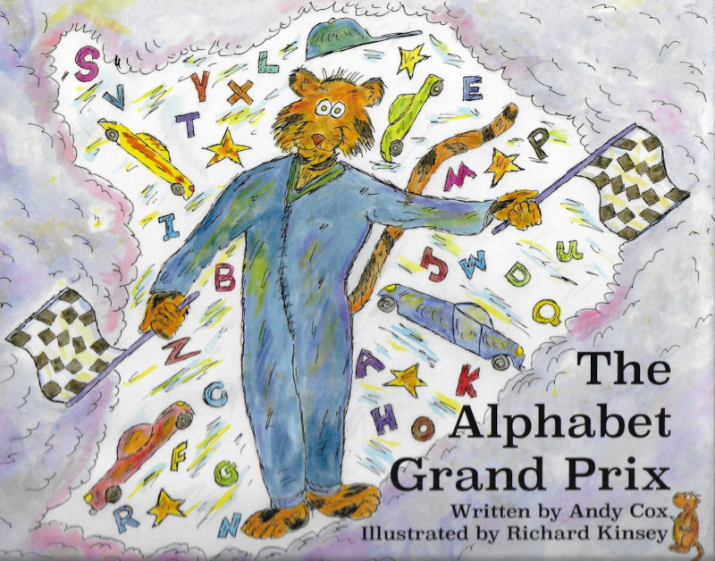 'The Alphabet Grand Prix' book cover – Illustration of a tiger waving chequered flags