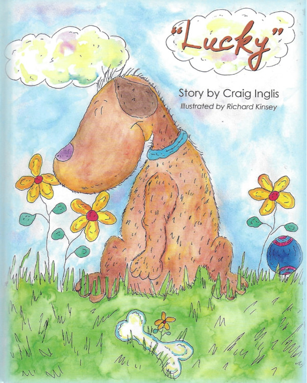 'Lucky' book cover – Illustration of a dog smelling a flower