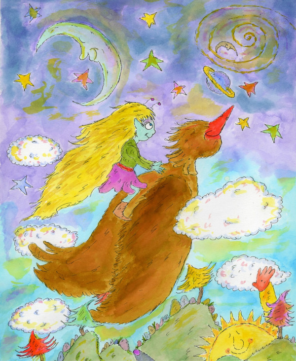 Illustration of Purdee flying through sky on the back Chirpy the bird